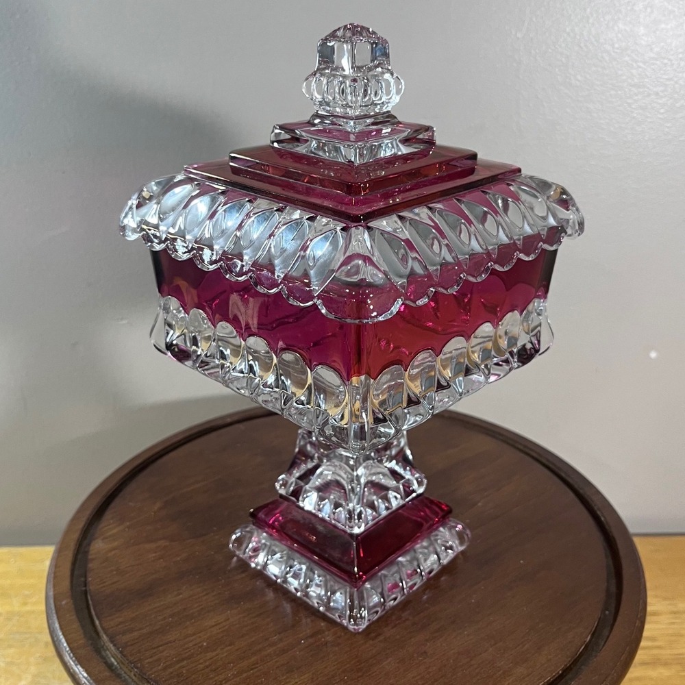 Vtg Adams? Red Ruby to Clear Glass Wedding Box Footed Square Lidded Candy Dish
